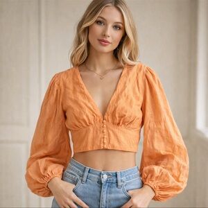 🍑 Alice + Elle Peach Cropped Blouse~Long Balloon Sleeve Boho Top~NWT